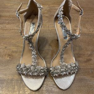 Gold champagne metallic INC heels with 3D floral appliqués